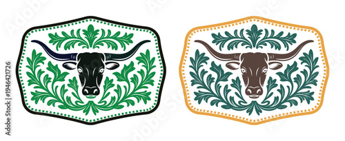 longhorn bull skull western belt buckle emblem with ornamental floral frame, wild west cowboy rodeo ranch badge label design, vintage green and gold decorative silhouette vector illustration.
