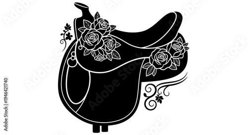 Western horse saddle with floral design.