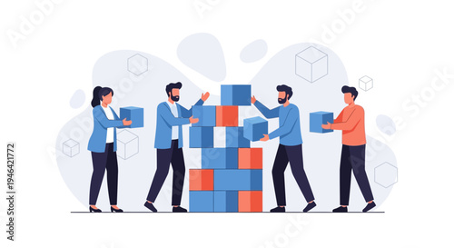 Teamwork building blocks, business people collaborating, project construction, strategy, success