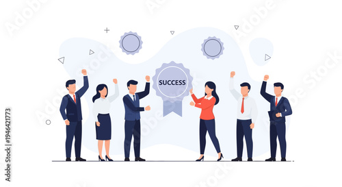 Team celebrating success with a badge, business achievement, teamwork, victory, and recognition