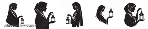 half body Vector silhouette of a Muslim woman standing holding a Ramadan lantern
