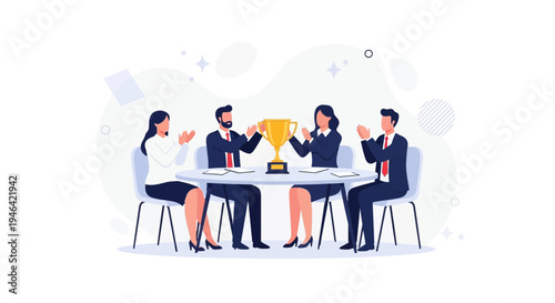 Business team celebrating victory with a golden trophy at a round table meeting