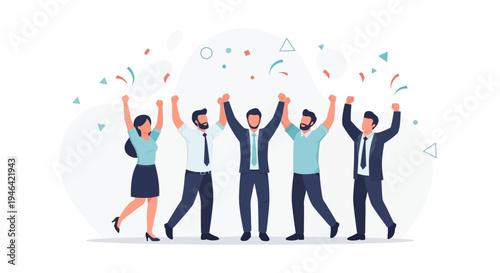 Diverse team celebrating success, raising hands with confetti, business achievement concept