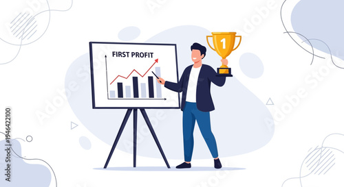 Businessman celebrating first profit with trophy and growth chart presentation