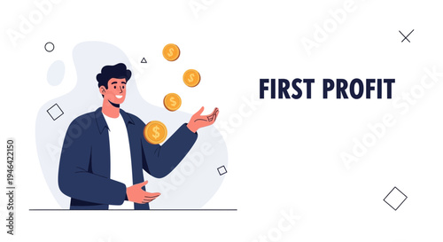 Man Juggling Gold Coins with 'First Profit' Text - Business Success Concept