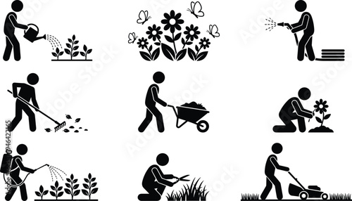 Gardener silhouettes set performing garden care tasks, watering plants, mowing lawn, pruning and landscaping maintenance icons isolated on white