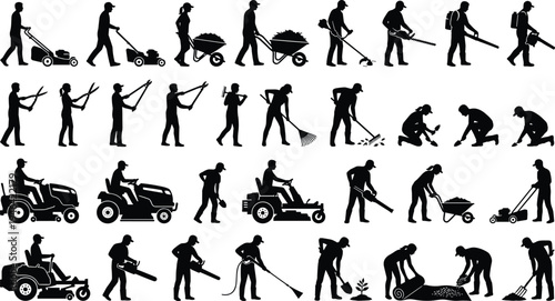 Gardening and landscaping worker silhouettes collection, lawn mowing, hedge trimming, planting and yard maintenance activities isolated on white background