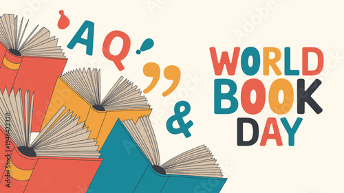 Colorful books stacked with quotes on world book day background