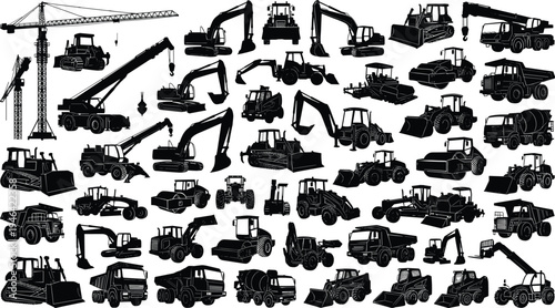 Heavy construction machinery silhouettes set, excavators, cranes, bulldozers, loaders and dump trucks industrial equipment icons isolated on white background