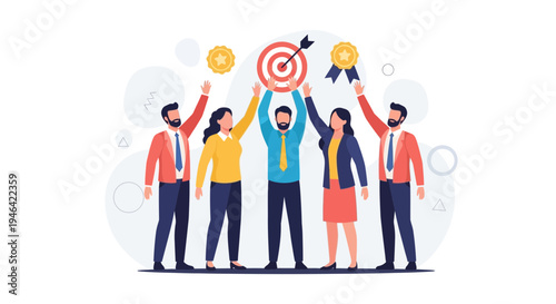 Teamwork success: Business people celebrating achieving a goal with a target and awards