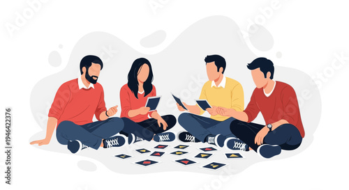 Friends playing board game cards sitting on floor, enjoying leisure time together