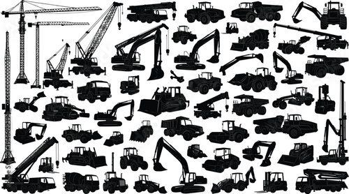 Heavy construction machinery silhouettes collection, excavators, cranes, dump trucks and industrial equipment vehicles icons isolated on white background