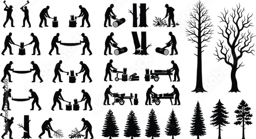 Lumberjack and logging worker silhouettes set, forestry wood cutting operations with chainsaw, axe and timber processing icons isolatedLumberjack and logging worker silhouettes set, forestry wood cutt