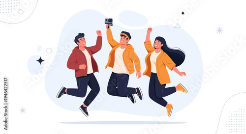 Happy Friends Jumping and Taking Photos with Camera