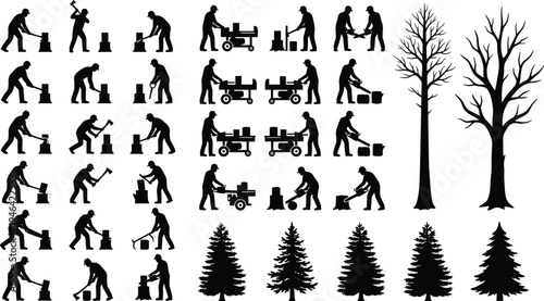 Lumberjack and tree cutting silhouettes set, forestry workers chopping wood, logging operations and forest tree icons isolated on white