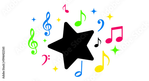 Colorful music notes and star symbol.