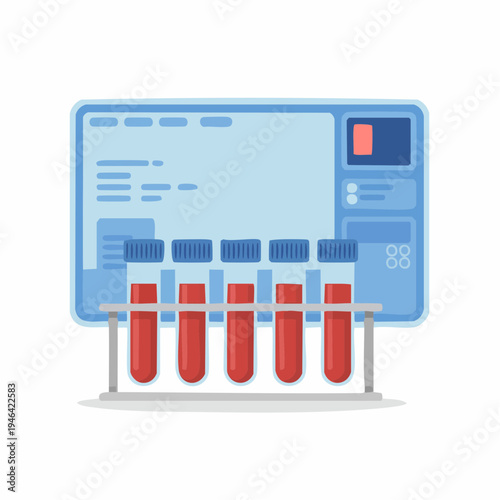 Medical laboratory test tubes with blue caps on a rack in front of a c