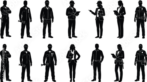 Professional worker silhouettes collection, engineers, technicians, business staff and service employees representing different occupations isolated on white background