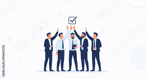Teamwork success: Business people celebrating achievement with a checkmark icon above