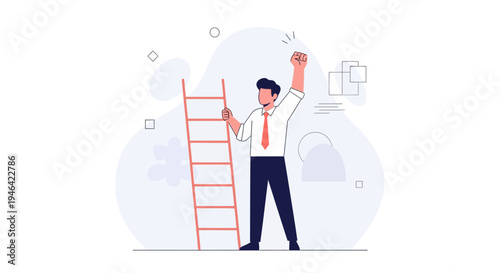Businessman celebrating success with raised fist next to a ladder, business growth concept