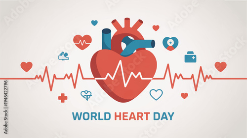 World heart day awareness illustration with stylized heart ecg line and medical symbols on gray background