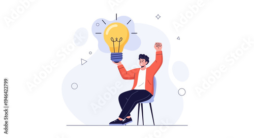 Man holding a bright idea light bulb, celebrating success, innovation concept