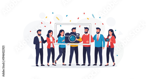 Diverse group of people holding a large photo frame with a camera inside, celebrating