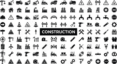 Construction industry icon set, building equipment, machinery, safety signs, engineering tools and infrastructure symbols collection for industrial construction projects