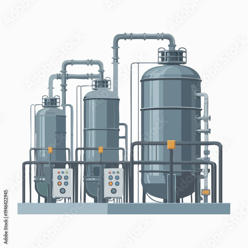 Industrial water filtration system illustration with pipes and control