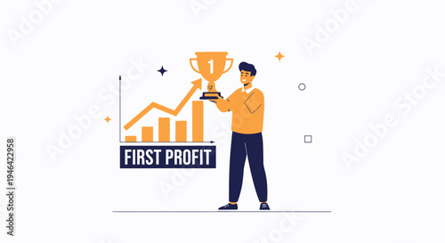 Man holding trophy near profit graph, concept of first profit and business success