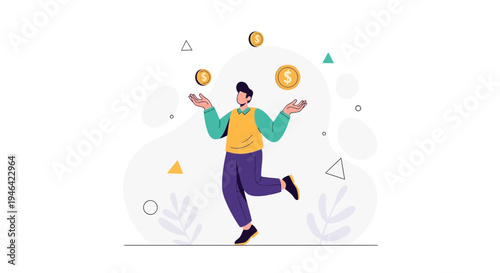 Man juggling gold coins with dollar signs, financial success concept illustration
