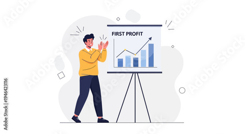 Man celebrating first profit with a rising graph on a presentation board