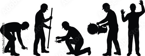 Construction worker silhouettes with tools performing building tasks, builder drilling, cutting and measuring, industrial labor workforce icons isolated on white