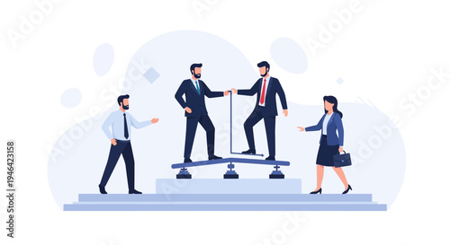 Businessmen Balancing on Scale, Teamwork and Partnership Concept