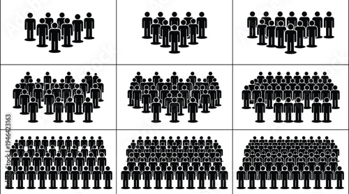 Crowd people silhouettes collection showing different group sizes, human population icons representing community, audience and social gathering isolated