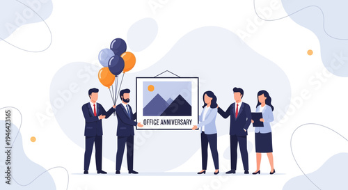 Office Anniversary Celebration: Colleagues Presenting Artwork with Balloons