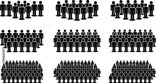 Crowd people silhouettes set showing different group sizes, human population icons for community, audience and public gathering concept