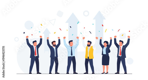 Successful Business Team Celebrating Victory with Confetti and Upward Arrows