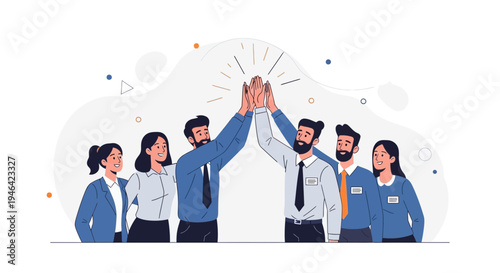Teamwork success: Diverse colleagues high five celebrating achievement, unity, business growth