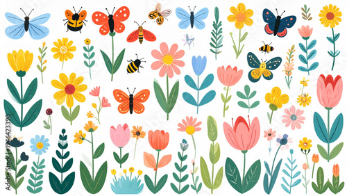 Colorful meadow and garden flowers with butterflies bees and ladybugs decorative botanical flat vector illustration set isolated