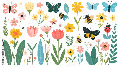 Colorful meadow and garden flowers with butterflies bees and ladybugs decorative botanical flat vector illustration set isolated