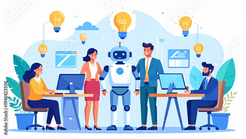 Cute AI robot helping business woman and man at computers with idea light bulbs, human creativity and artificial intelligence collaboration