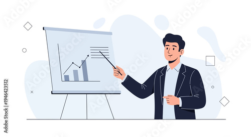 Businessman presenting financial growth chart on whiteboard in modern office