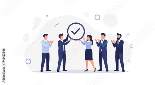 Teamwork success: people celebrating holding a checkmark symbol, business achievement concept