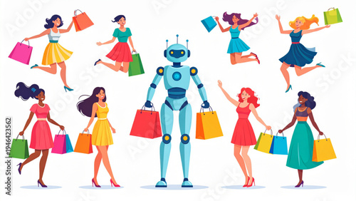 Happy women in stylish dresses jumping with shopping bags celebrating fashion sale and retail therapy, colorful flat vector illustration set