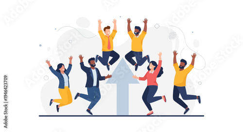 Diverse team celebrating success, jumping with joy, growth arrow, business concept