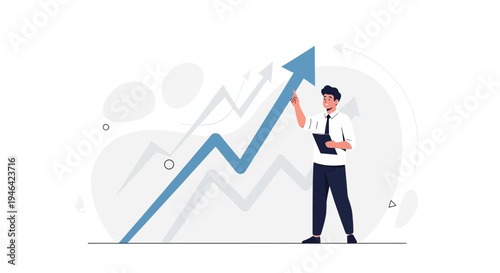 Businessman pointing up at a rising graph, symbolizing growth and success