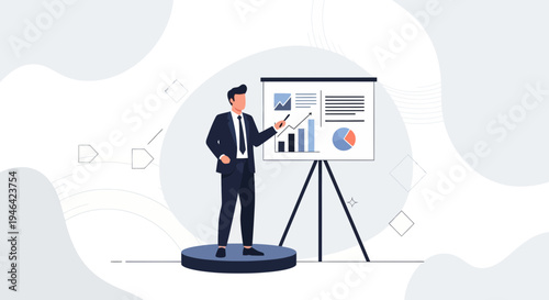 Businessman presenting financial data on a whiteboard with charts and graphs