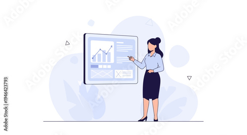 Businesswoman presenting financial data on a digital screen with charts and graphs.
