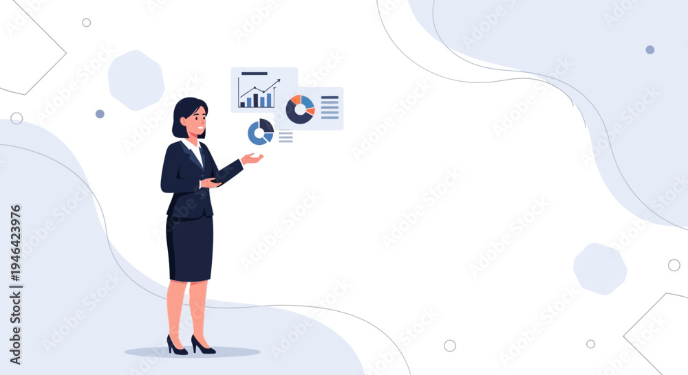 Obraz premium Businesswoman presenting financial charts and graphs, data analysis, strategy